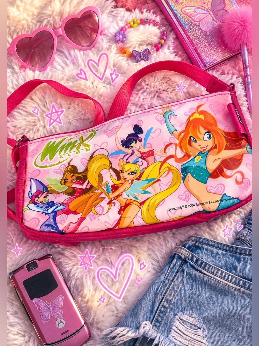 Vintage 2004 Winx Club Pink Mini Shoulder Purse Bag Crossbody Rainbow Srl